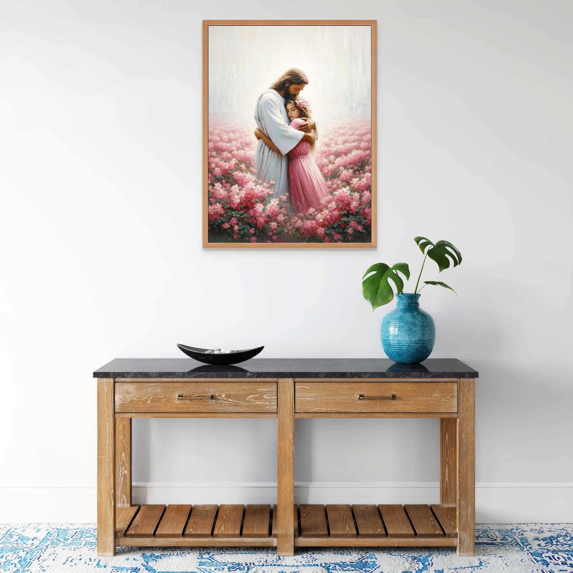 Jesus Hugging Little Girl Standing Pink Flower Field Christian Wall Art - Image 4