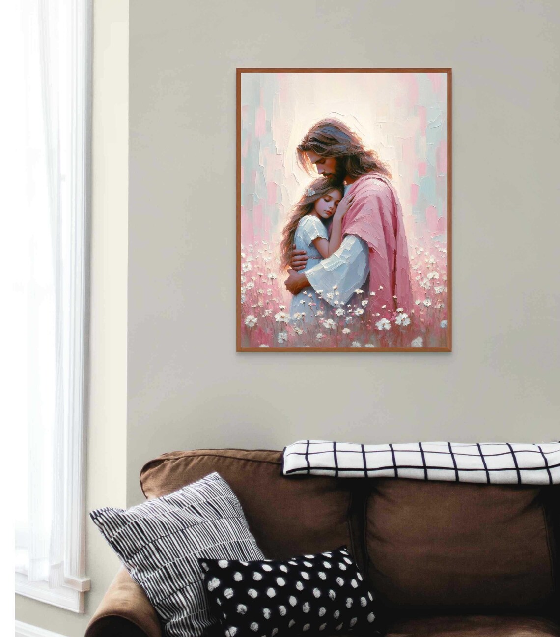 Jesus Hugging Little Girl Blue Dress Impasto Wildflower Field Christian Poster - Image 2