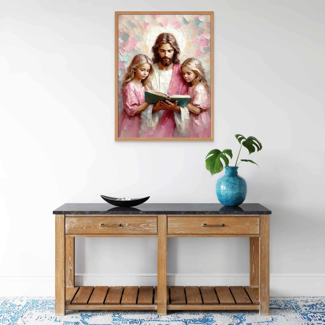 Jesus Reading Bible With Two Little Girls Pastel Painting Poster - Image 7