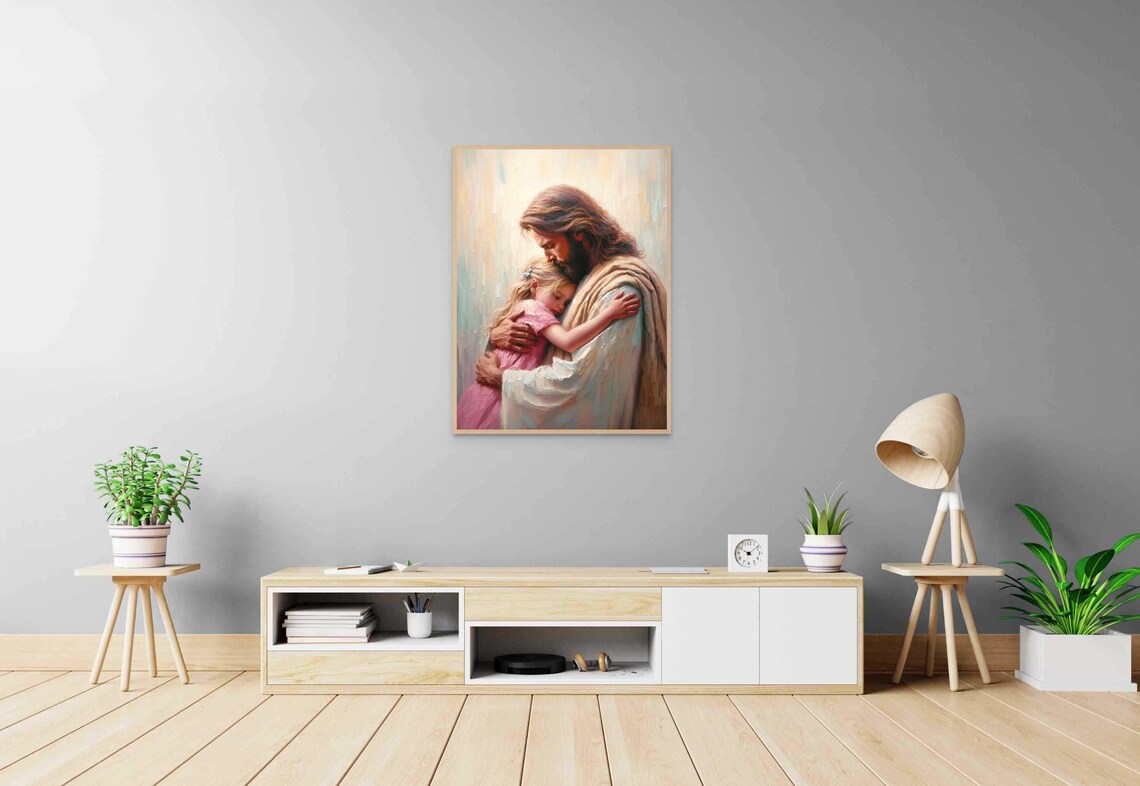 Jesus Embracing Young Girl in Pink Dress Pastel Impasto Poster - Image 6
