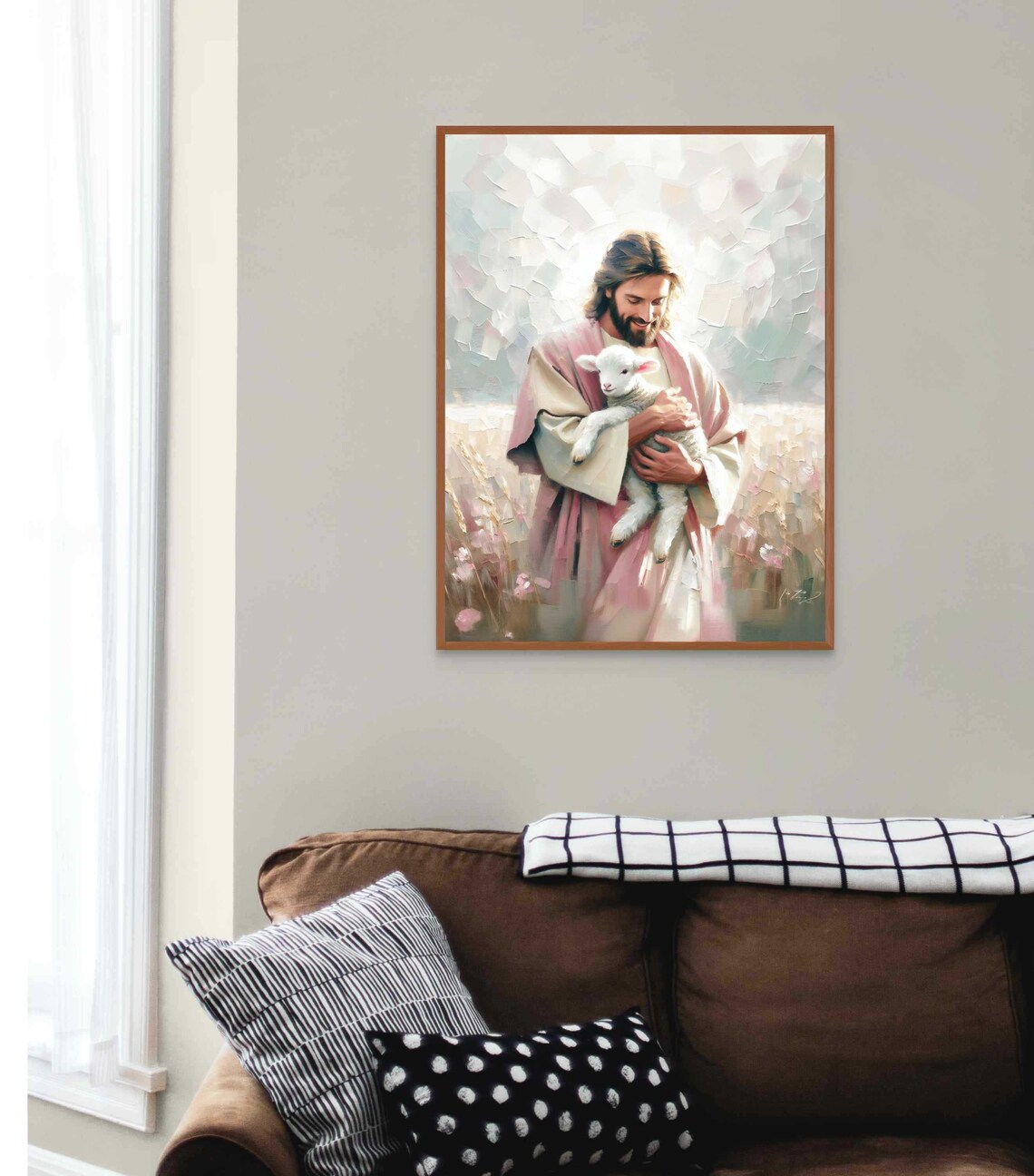 Jesus Standing in Flower Field Holding Lamb Pink Robe Art Poster - Image 3