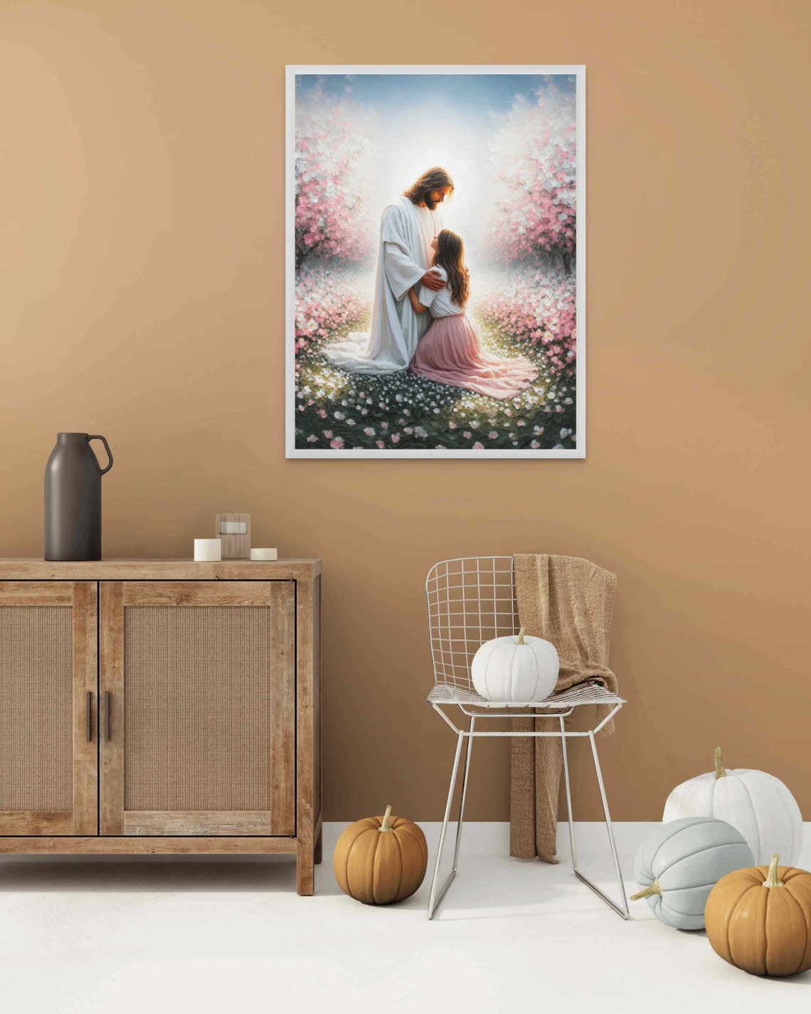 Jesus Comforting Little Girl Among Pink Blossom Trees Poster - Image 2
