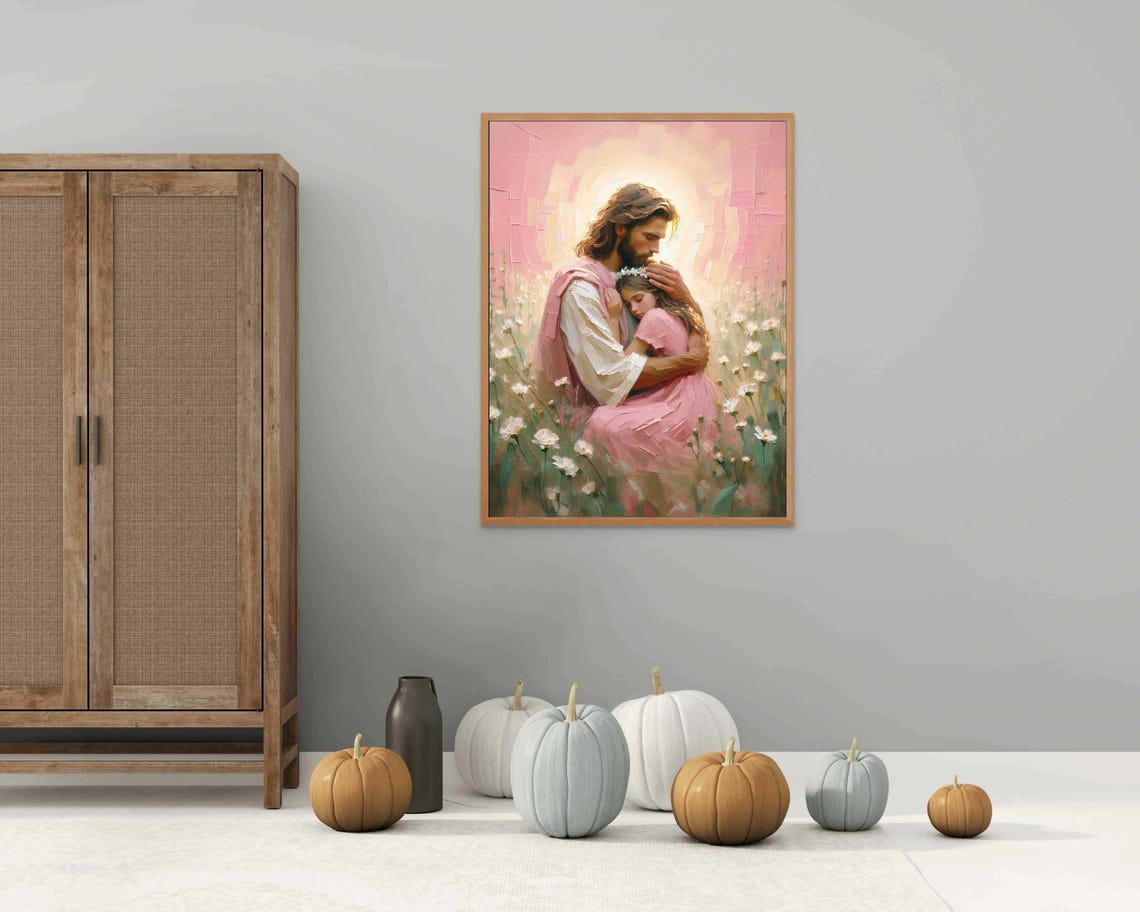 Jesus Hugging Girl With Flower Crown Among White Daisies Poster