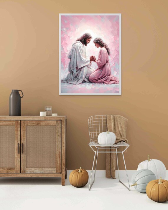 Jesus Praying With Woman Kneeling in Pink Glow Prayer Art Poster