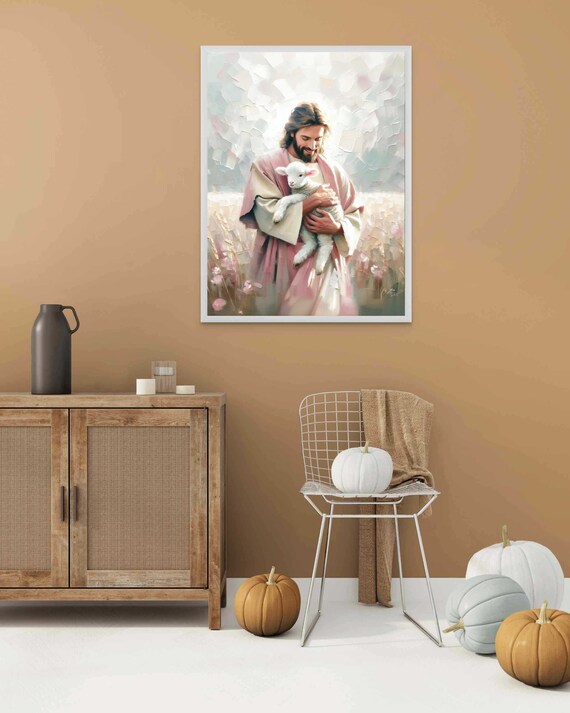 Jesus Standing in Flower Field Holding Lamb Pink Robe Art Poster