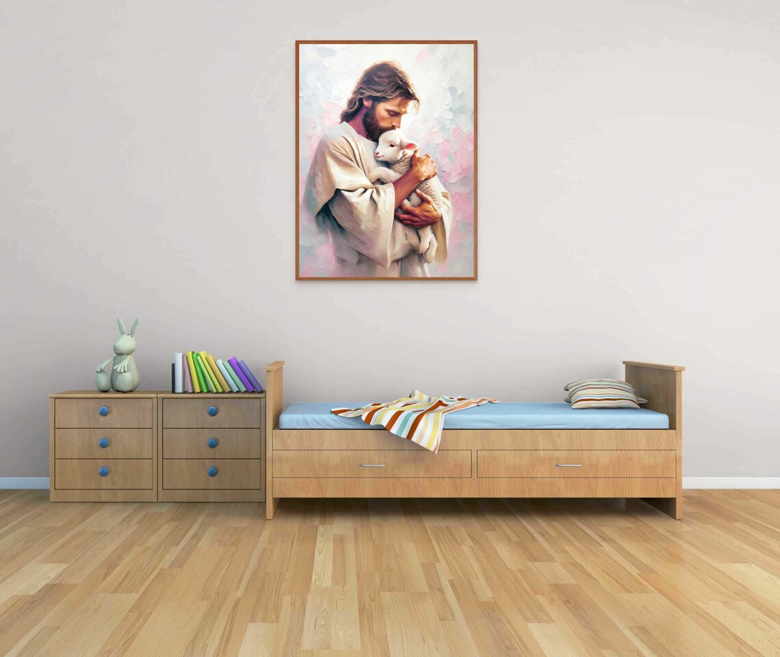 Jesus Cradling White Lamb in Cream and Pink Impasto Art Poster - Image 3