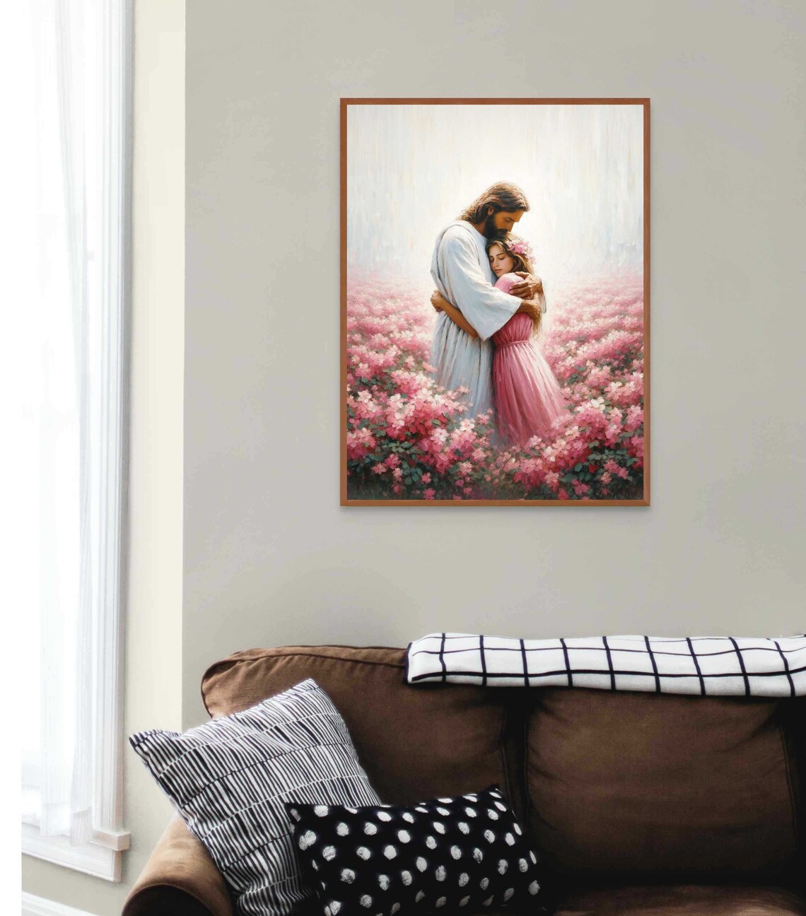 Jesus Hugging Little Girl Standing Pink Flower Field Christian Wall Art - Image 7