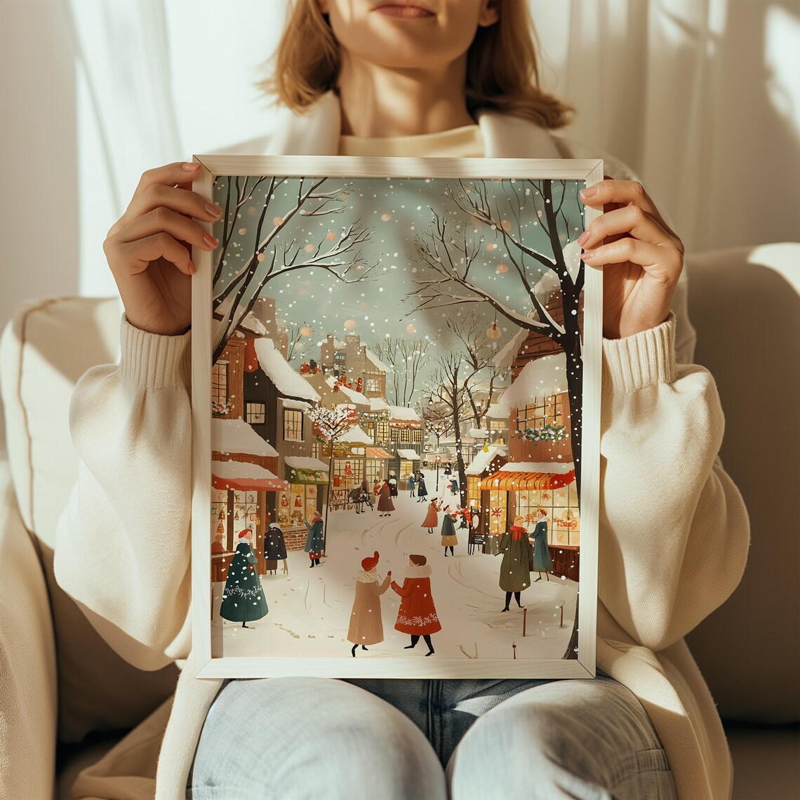 Snowy Christmas Market Street Evening Lights Festive Town Scene Poster - Image 2