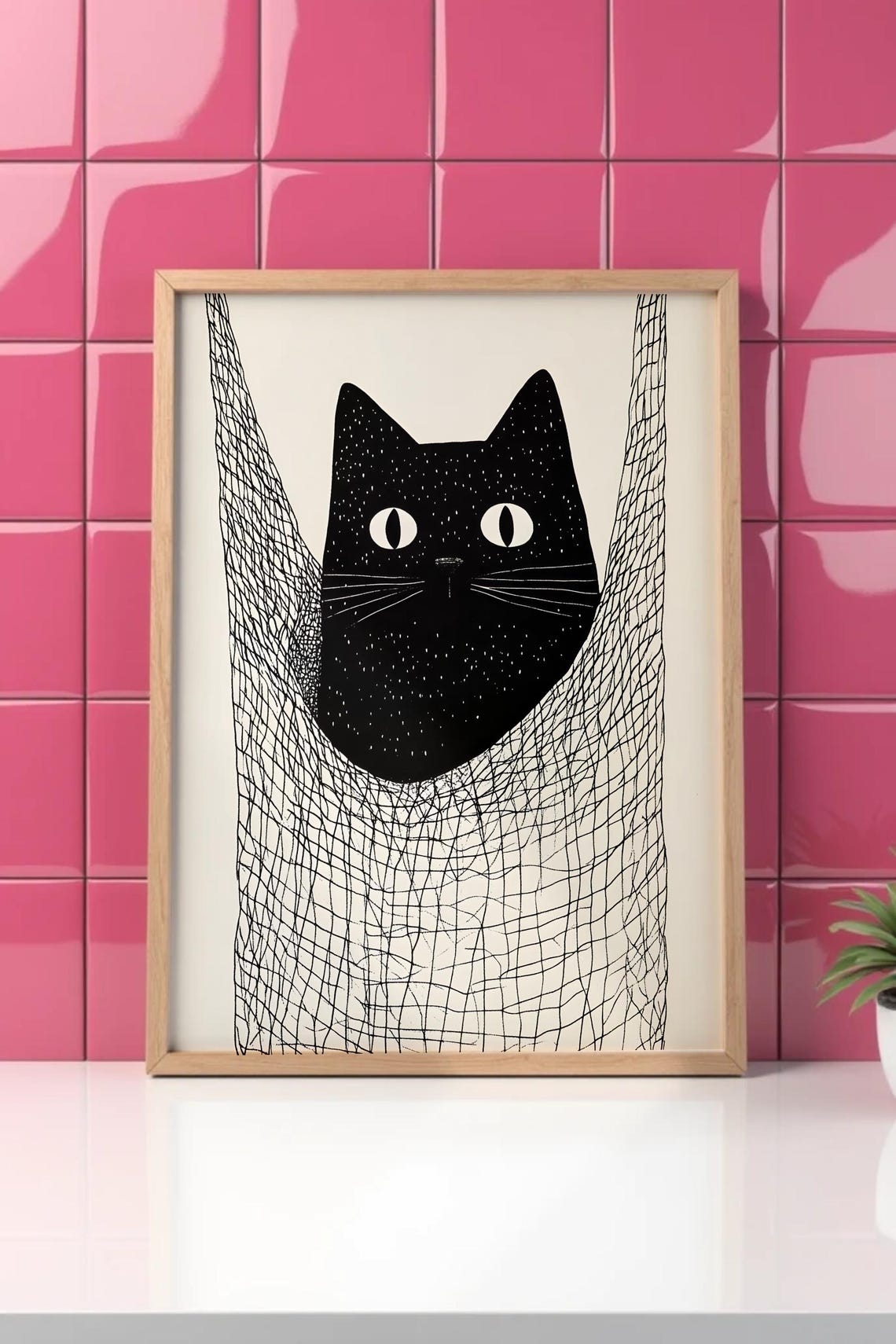 Black Cat in String Hammock Funny Minimalist Line Art Poster