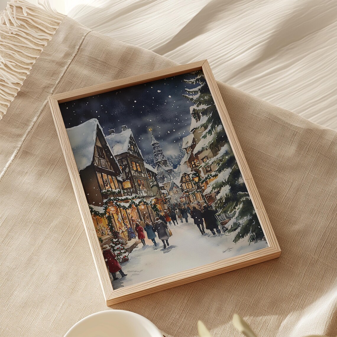 Snowy Old Town Christmas Night Half Timbered Street Watercolor Poster - Image 2