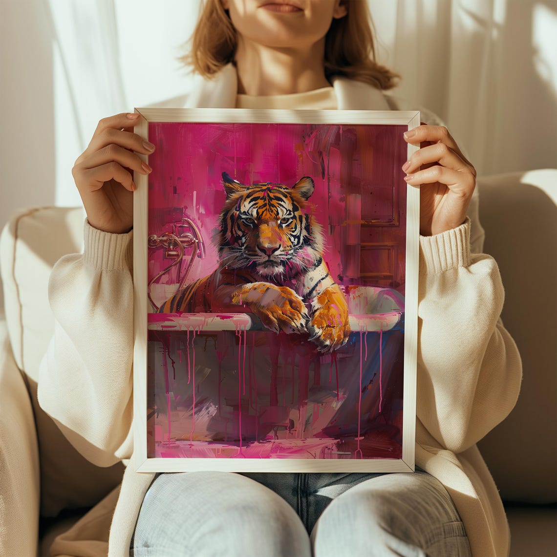 Tiger Lounging on Bathtub Hot Pink Paint Maximalist Jungle Poster - Image 2