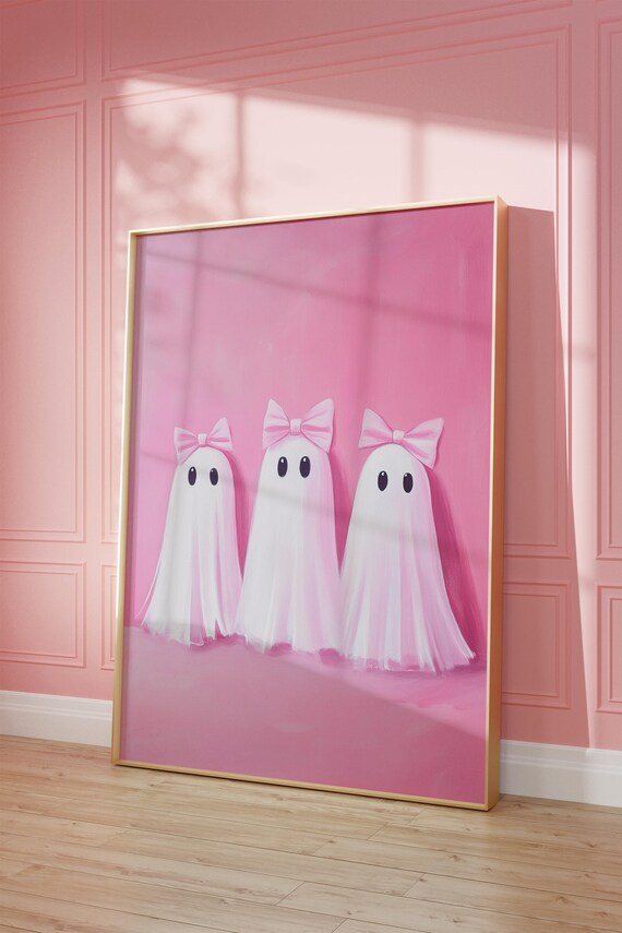 Three Cute Ghosts With Pink Bows On Pink Background Art Poster