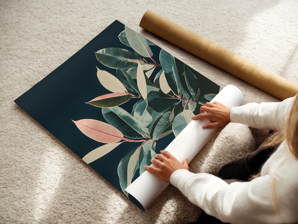 Dark Navy Blue Botanical Rubber Plant Leaves Moody Decor Poster - Image 3