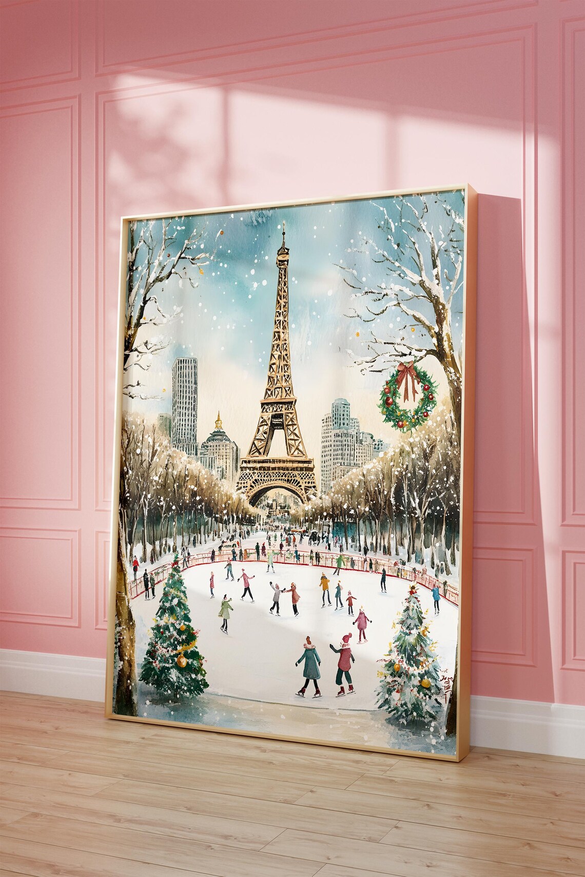 Paris Christmas Ice Skating, Eiffel Tower Travel Poster