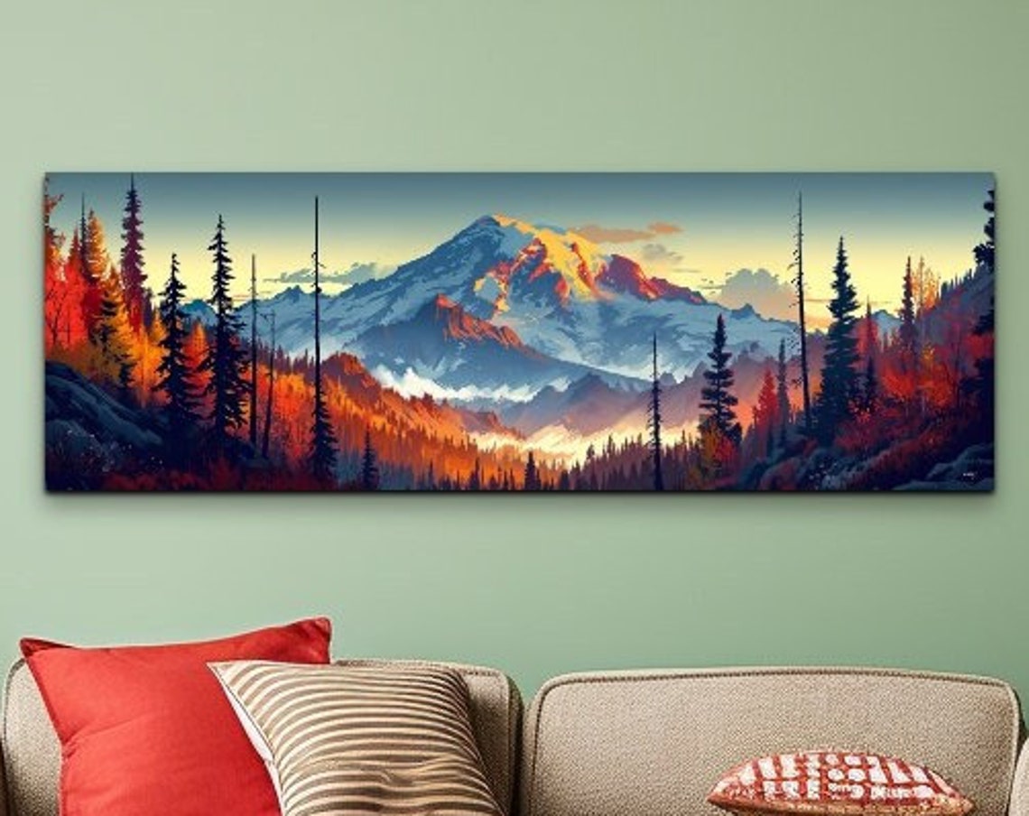 Panoramic Mount Rainier Autumn Forest Snow Peak Landscape Wall Art
