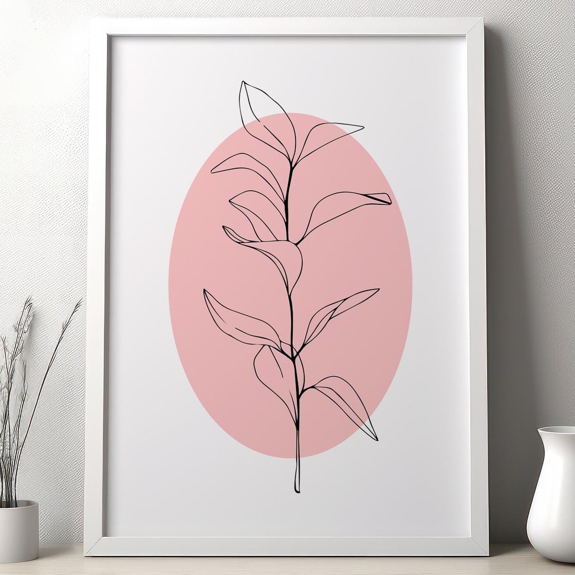 Botanical Line Art Leaf Pink Oval Minimalist Modern Decor Poster