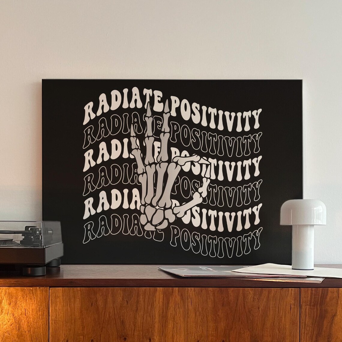 Radiate Positivity Skeleton Peace Hand Retro Halloween Poster