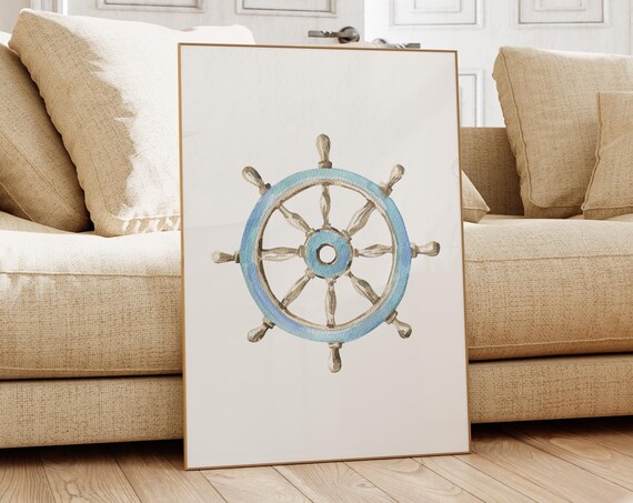Wooden Ship Wheel Blue Rim Soft Watercolor Classic Nautical Decor Poster