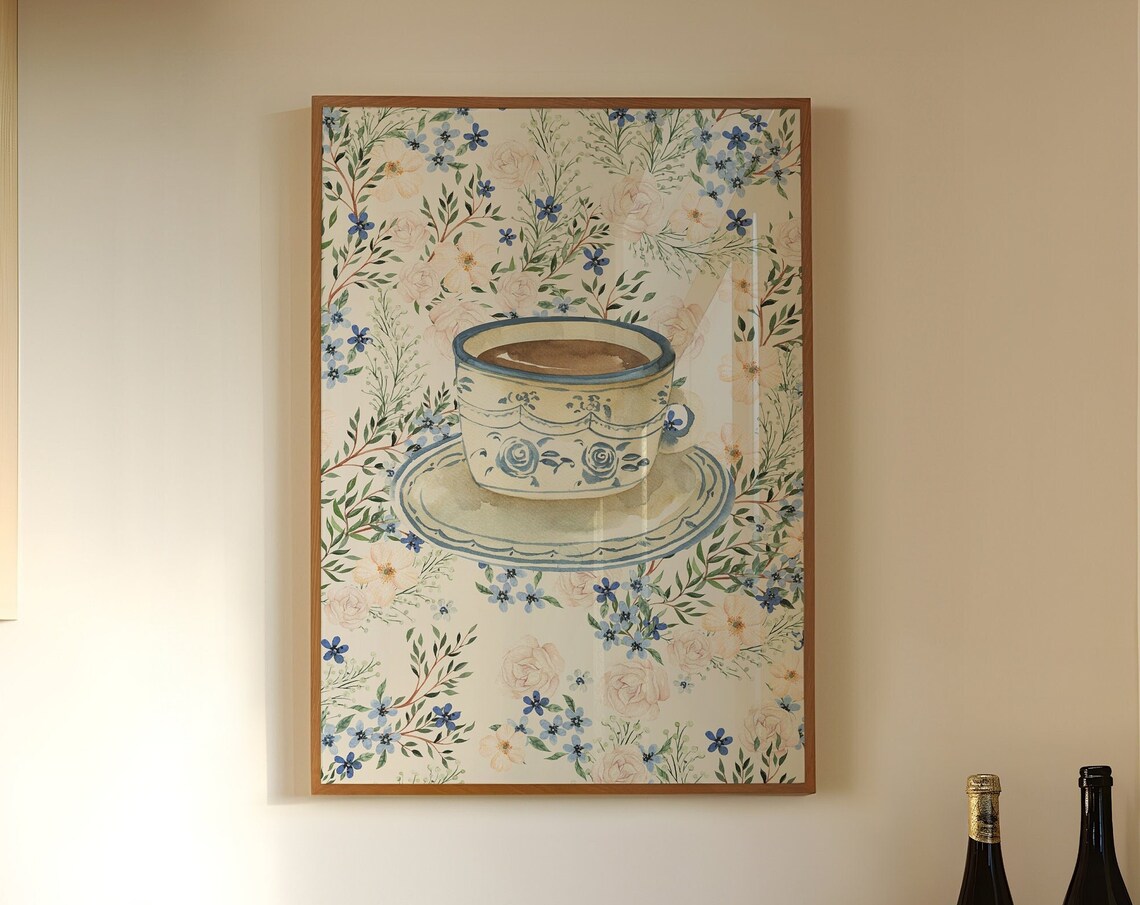 Chinoiserie Blue White Porcelain Cup Floral Watercolor Poster
