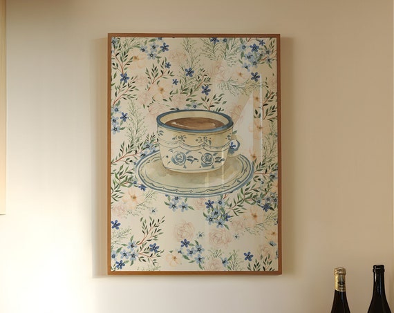 Chinoiserie Wall Art Grand Millenial Print Coquette Room Decor Coffee With Grandma Print Antique Cup Wall Art Cottagecore Decor