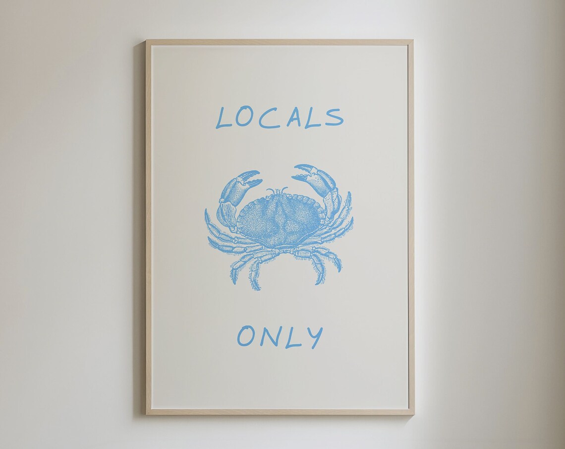 Blue Crab Locals Only Coastal Poster with Vintage Illustration