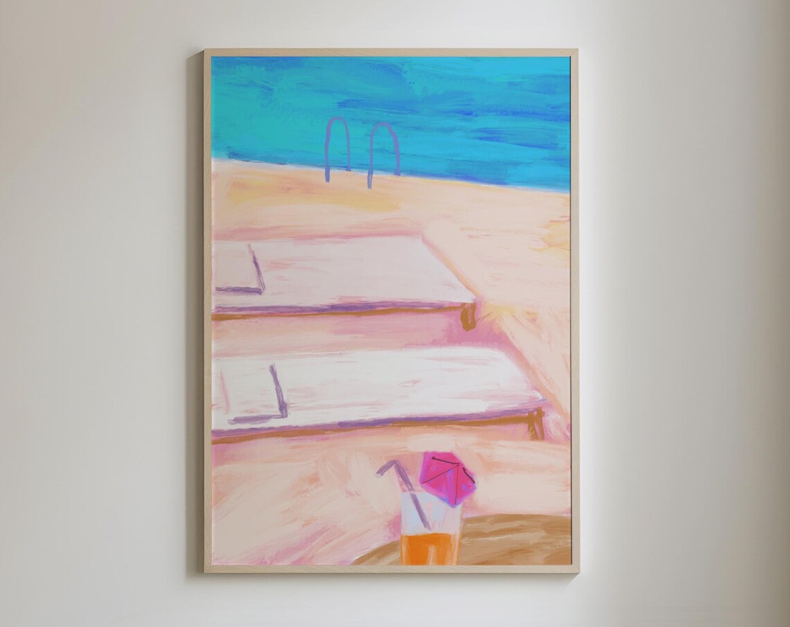 Pastel Pool Deck Pink Lounge Chairs Cocktail Summer Art Poster