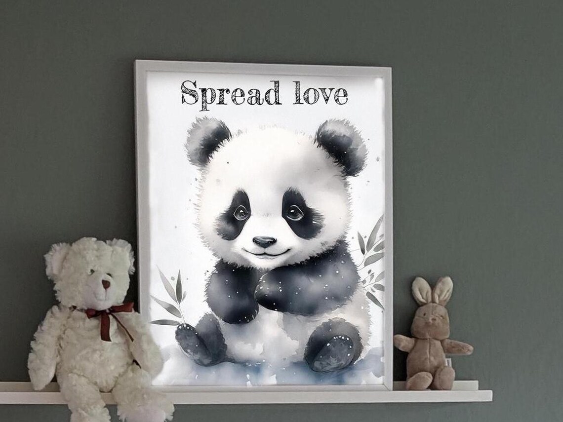 Spread Love Watercolor Baby Panda Nursery Kids Room Art Poster