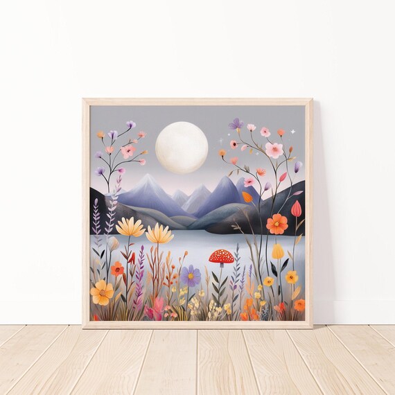 Moonlit Mountain Landscape Print Whimsical Flora And Moon Art Nature Illustration Wall Decor Art For Home 20x20