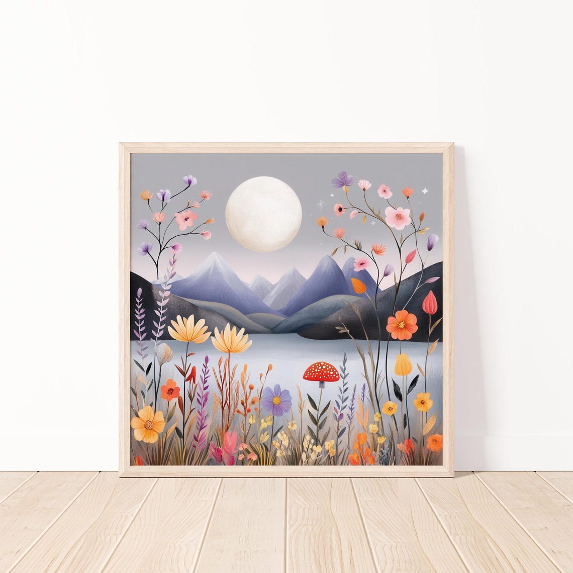Full Moon Mountain Lake Wildflower Meadow Starry Night Nature Poster