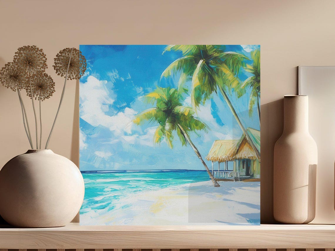 Tropical Beach With Palm Trees and Thatched Hut by the Sea Poster - Image 3