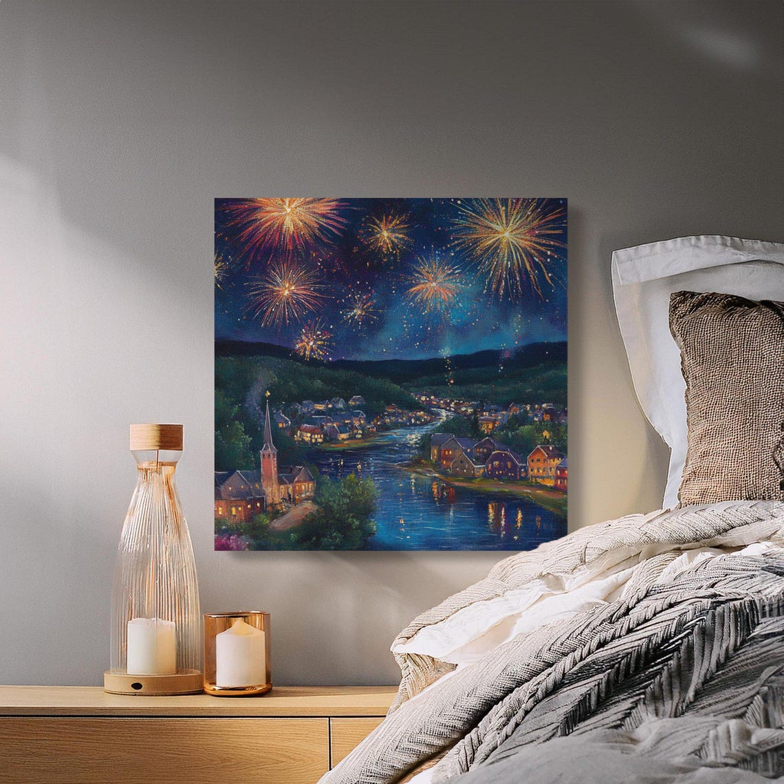 Fireworks Night Sky Celebration Over Riverside Town Painting Poster - Image 3