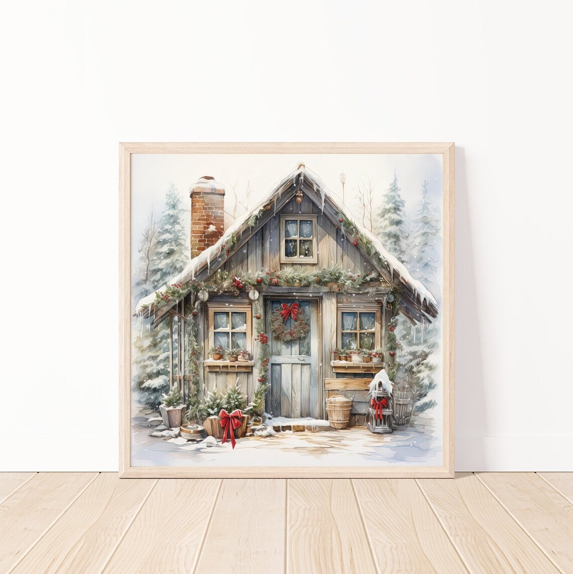 Christmas Log Cabin Snowy Winter Garland Wreath Watercolor Poster
