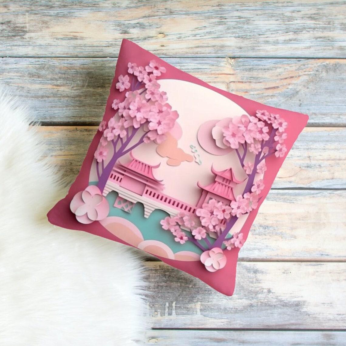 Pink Cherry Blossom Japanese Pavilion Moon Paper Cut Art Poster - Image 4