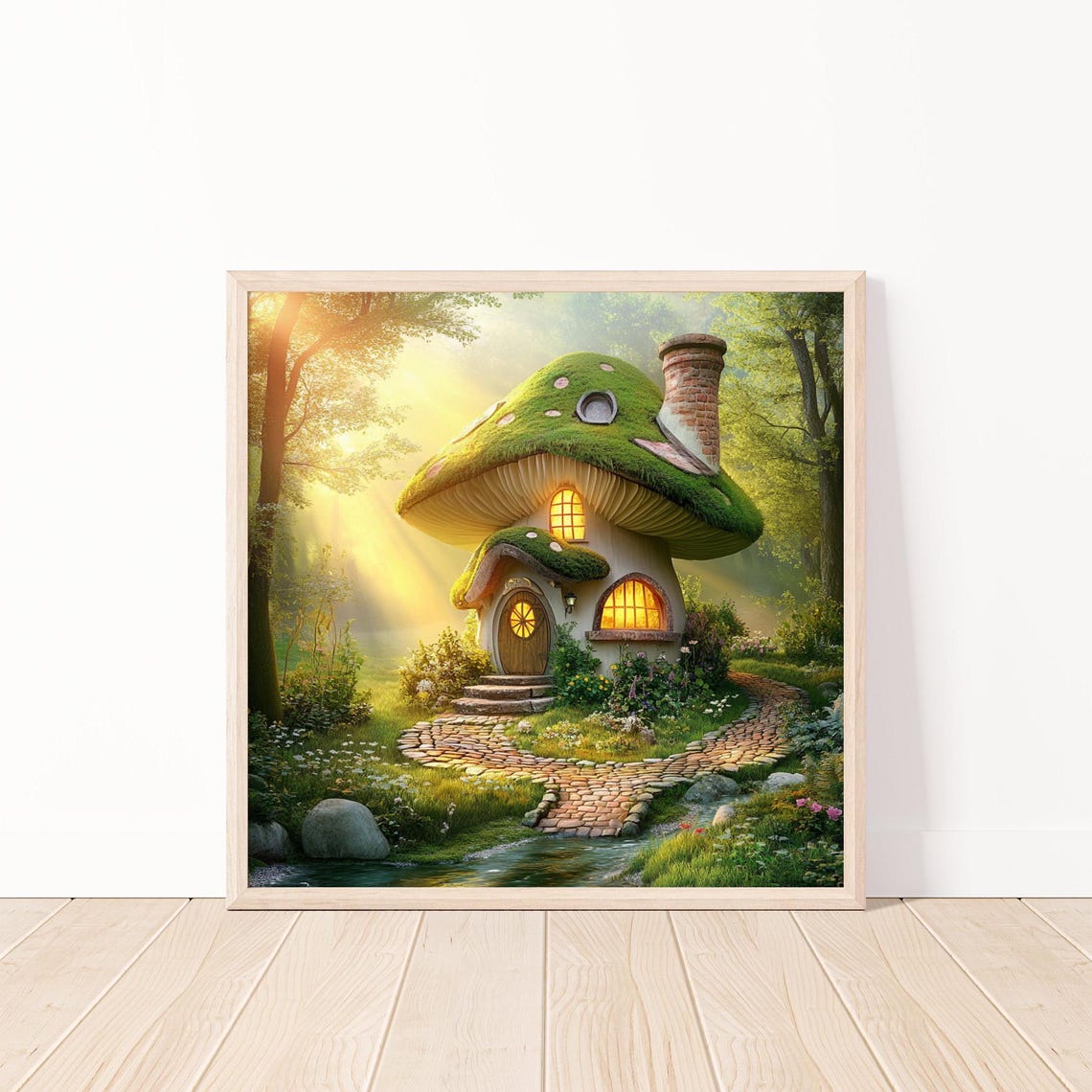 Enchanted Mushroom Fairy Cottage Glowing In Sunlit Forest Fantasy Wall Art