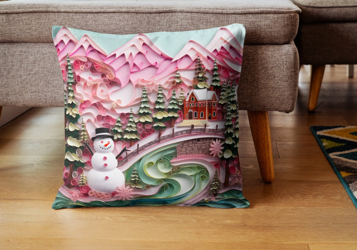 Pink Snowman Craft Paper Wall Art Country Life Decor Holiday Watercolor Art Christmas Craft Paper Art Kids Room Nursery Christmas Art - Image 3