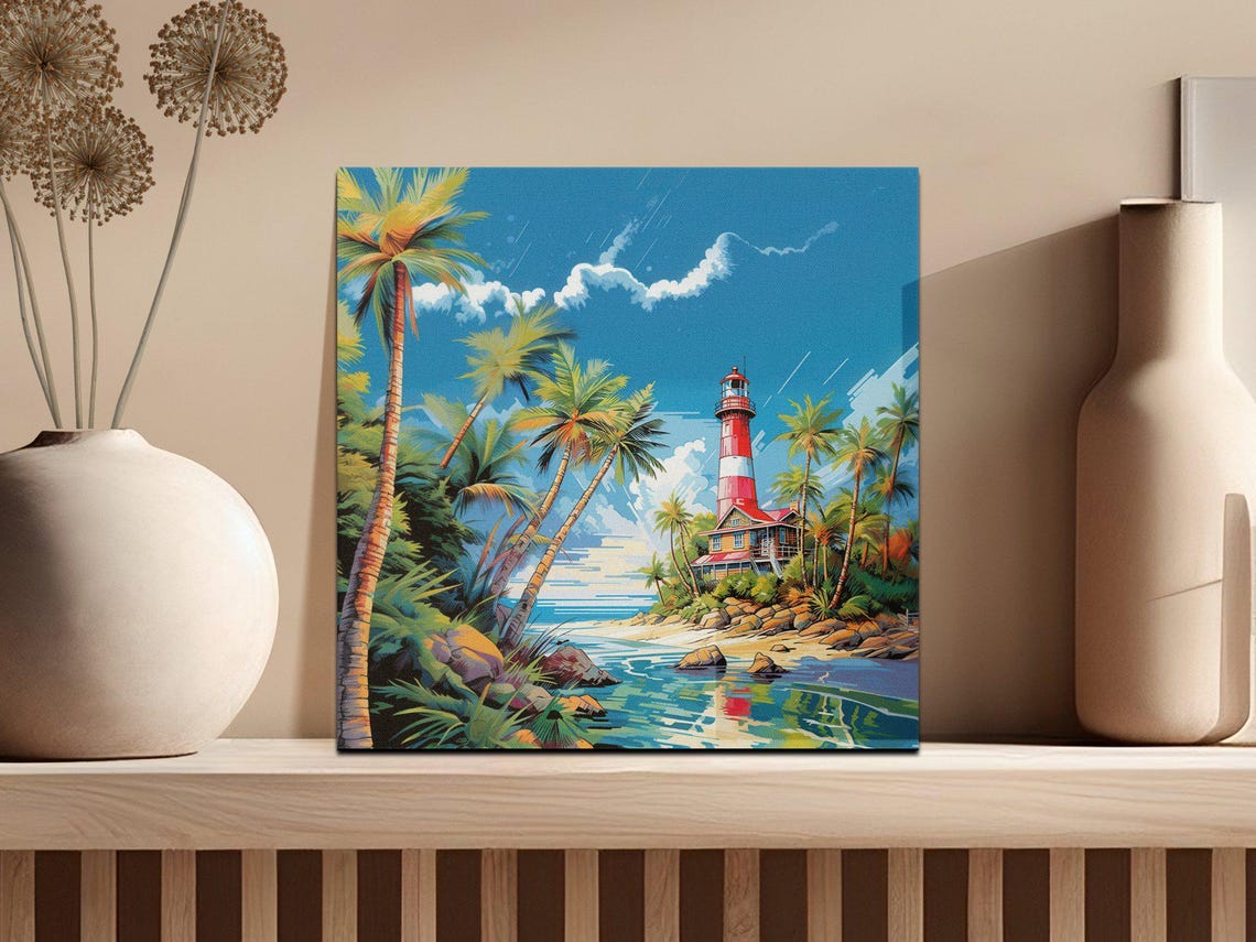 Retro Tropical Lighthouse With Palm Trees on a Sunny Coast Poster - Image 2