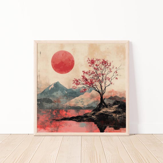 Japanese Cherry Blossom Tree Art Print Minimalist Mountain Landscape Poster Red Sun Wall Art Scenic Nature 20x20
