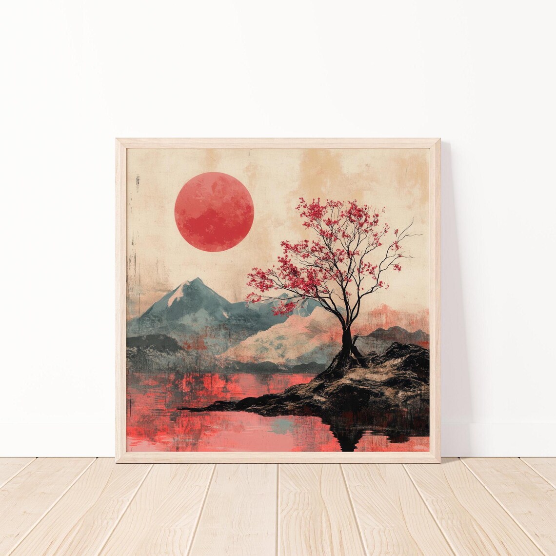 Japanese Red Sun Cherry Blossom Tree Minimalist Painting Poster