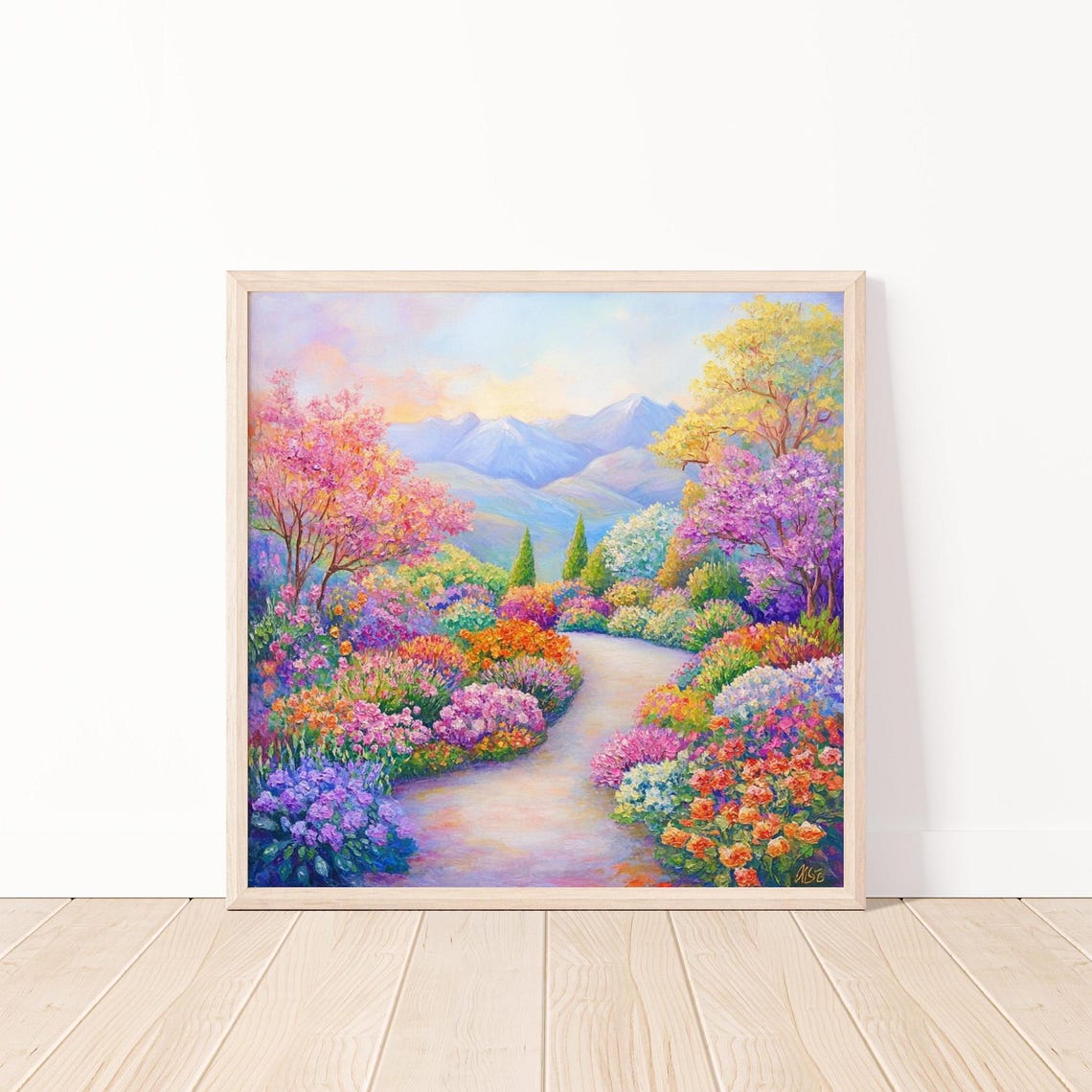 Vibrant Flower Path Mountain Garden Colorful Landscape Poster