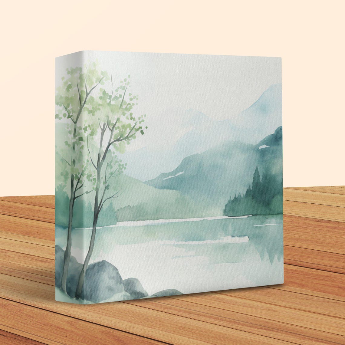 Misty Green Lake Watercolor With Birch Trees and Mountains Poster - Image 2