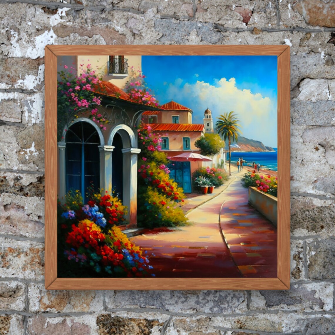 Mediterranean Seaside Village Bougainvillea Coastal Oil Art Poster - Image 4