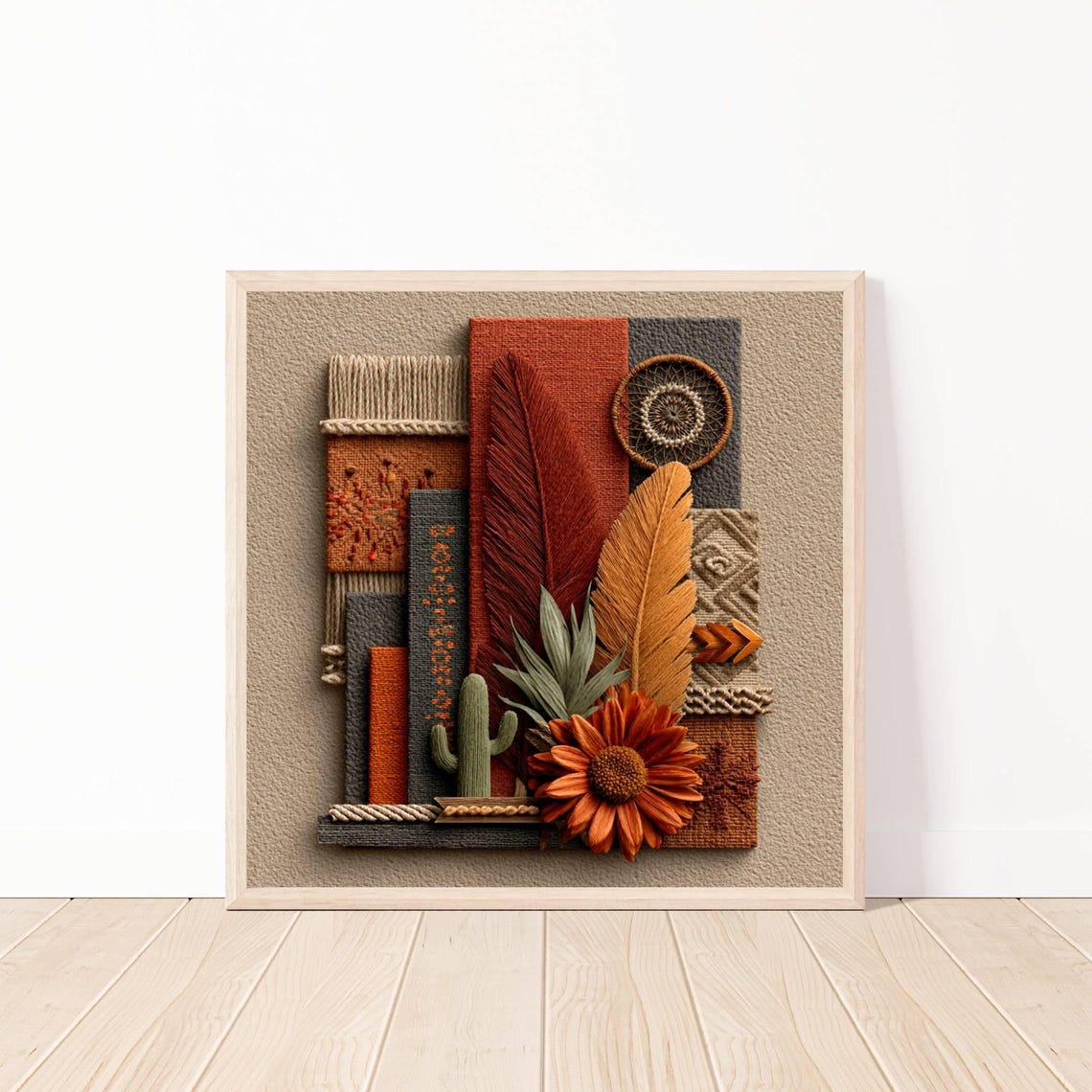 Southwestern Textile Art With Cactus Feathers And Rust Flower Poster