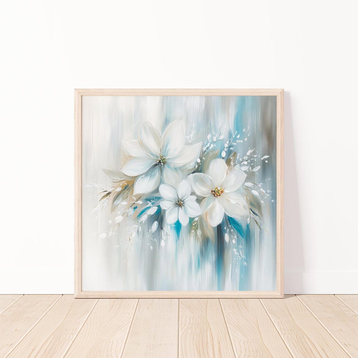 White Abstract Flowers on Blue Soft Watercolor Elegant Floral Poster