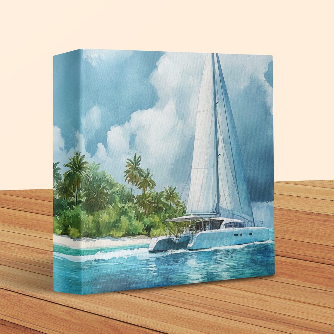 Sailboat Catamaran Cruising by a Tropical Island Watercolor Poster - Image 2