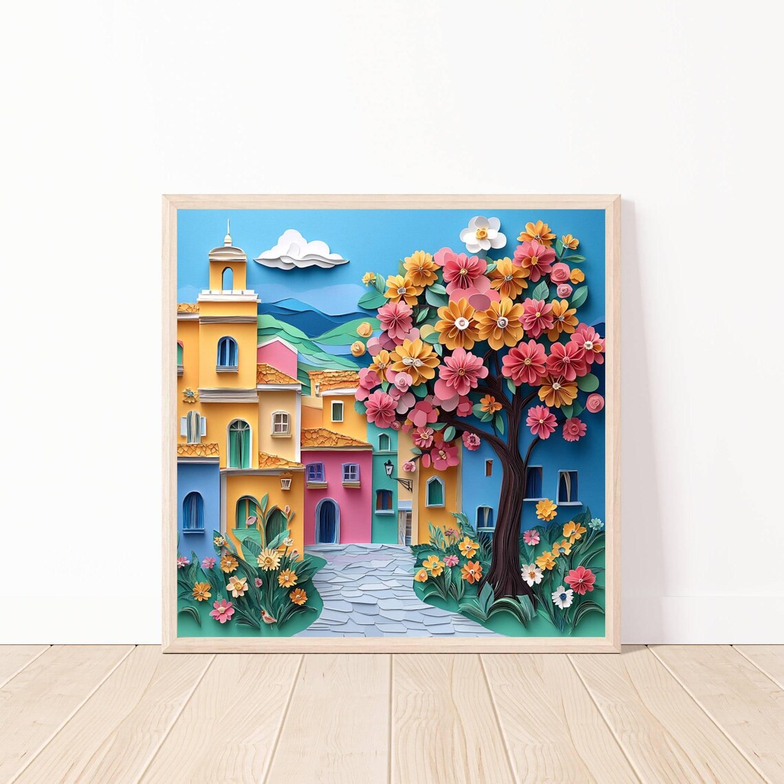 Spring Village Floral Cityscape Paper Cut Art Print