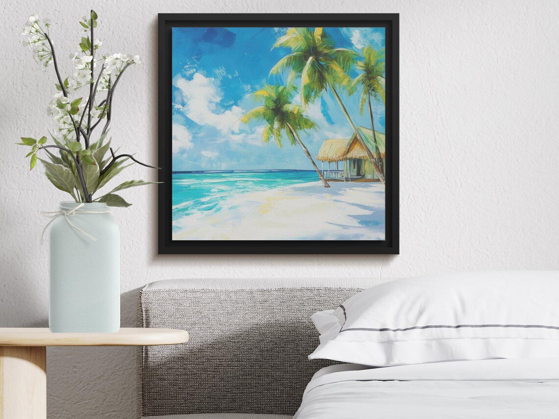 Tropical Beach With Palm Trees and Thatched Hut by the Sea Poster - Image 4