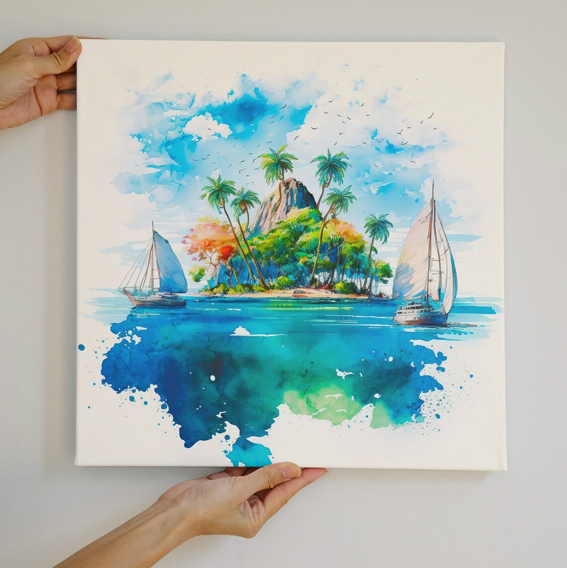 Watercolor Tropical Island Sailboats Palm Trees Splash Art Poster - Image 4