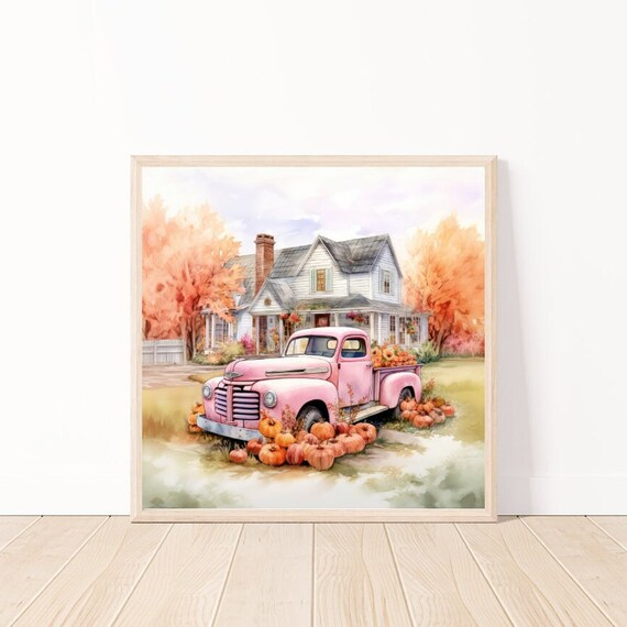 Pink Vintage Truck Loaded With Pumpkins at Farmhouse Autumn Poster