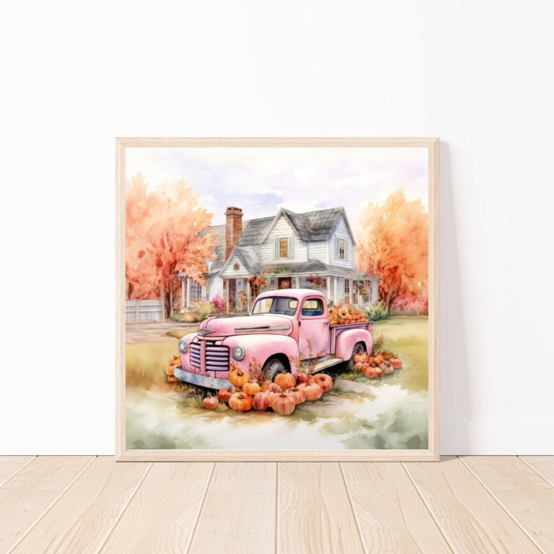 Pink Vintage Truck Loaded With Pumpkins at Farmhouse Autumn Poster