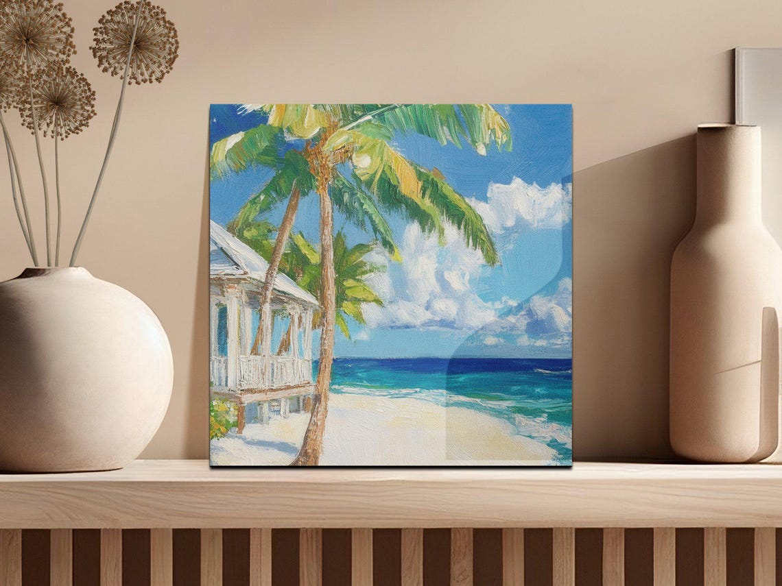 Tropical Beach House Palm Trees Turquoise Ocean Oil Painting Poster - Image 2